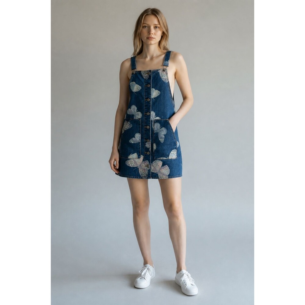 NWOT Tinseltown Denim Overall Dress Women's M Blue Butterfly Print Button Front